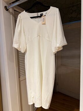 Women's Cream Midi Dress with Puff Sleeves